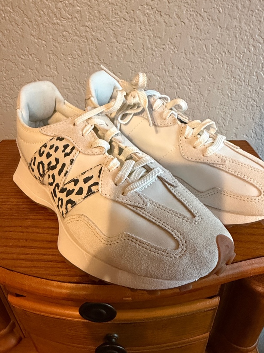 New New Balance Neutral White & Beige Leopard Accent Sneakers - Picture 3 of 5